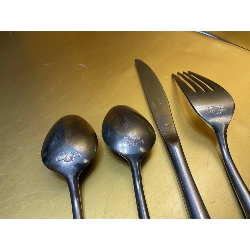 Interpur Japan Stainless Flatware Brown Faux Wood Handle Scroll 4pc Set Spoons